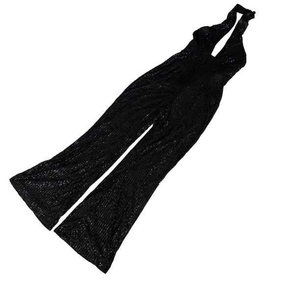 Faeriesty Pants - FAERIESTY Womens Sequin Wide Jumpsuit Size Medium Black